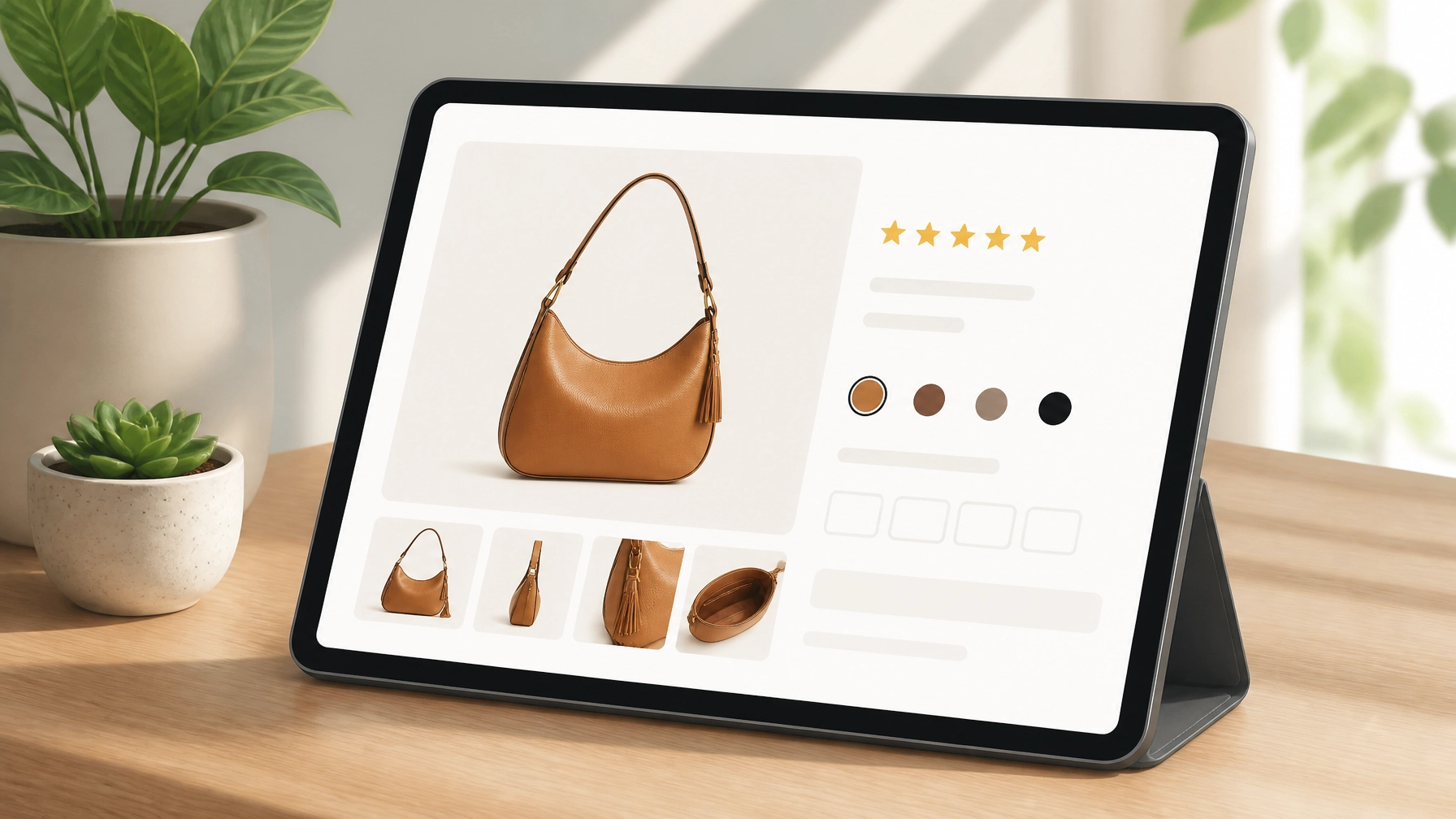 Tablet displaying product detail page with handbag and color options, illustrating product clarity for e-commerce.
