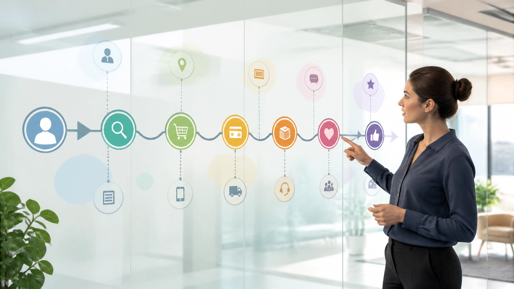 A conceptual, clean visualization of a customer journey map on a glass wall, with a professional pointing at abstract icons.