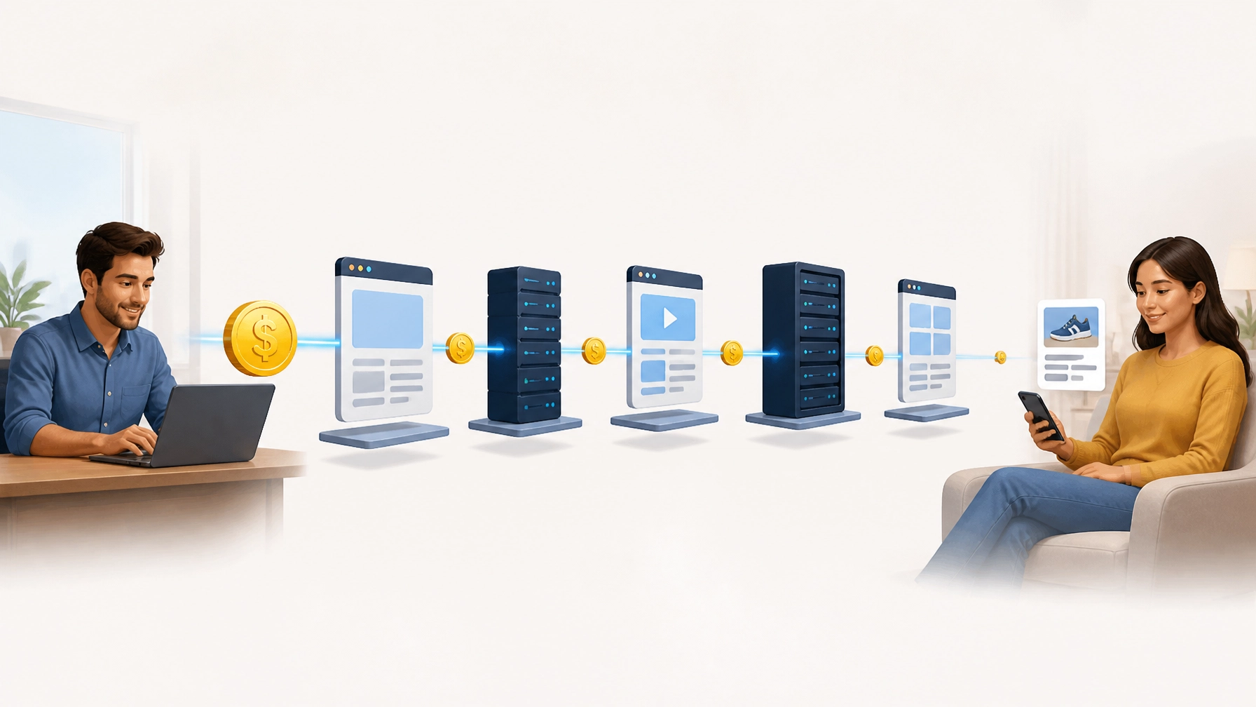 Ad spend journey through DSPs, SSPs, and exchanges to customer conversion.