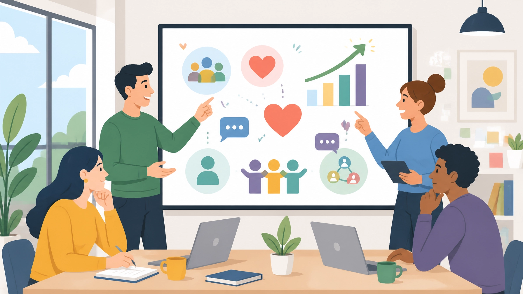A 2D flat modern clean cartoon illustration of a marketing team collaborating around a dashboard with human-centric growth icons, shown in a bright office setting with no readable text on the screen.