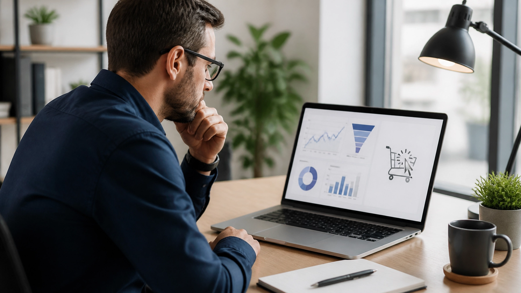 Man analyzing e-commerce sales funnel data on laptop, illustrating silent objections and customer hesitation.