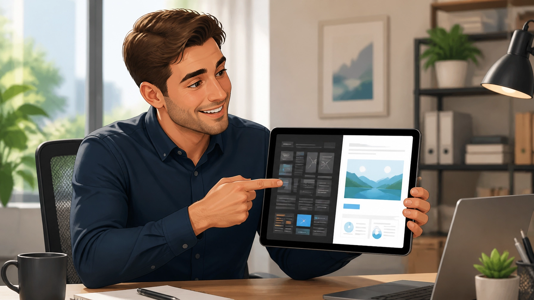 An office professional at a desk comparing a cluttered, dark digital layout with a bright, clean, and organized one, looking relieved.