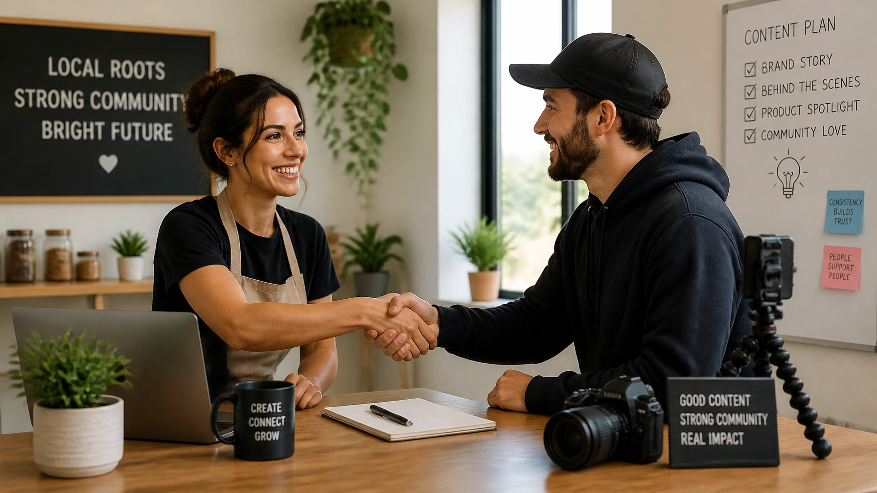 A business owner and a digital creator shaking hands in a warm, clean office environment, representing a strategic partnership.
