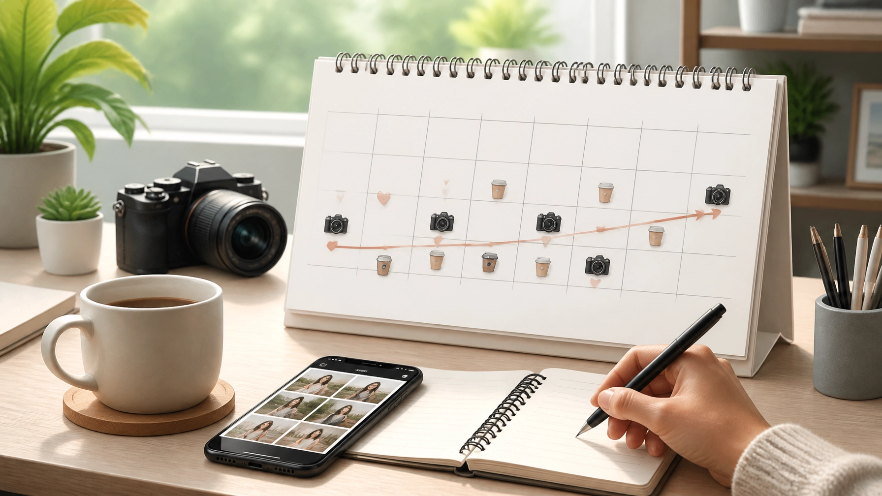 A modern cartoon-style image of a creator planning workspace with a desk calendar, smartphone, camera, and coffee cup. Repeated content moments are suggested across several dates to represent long-term creator partnerships and trust building over time. Bright natural lighting, clean composition, landscape orientation.