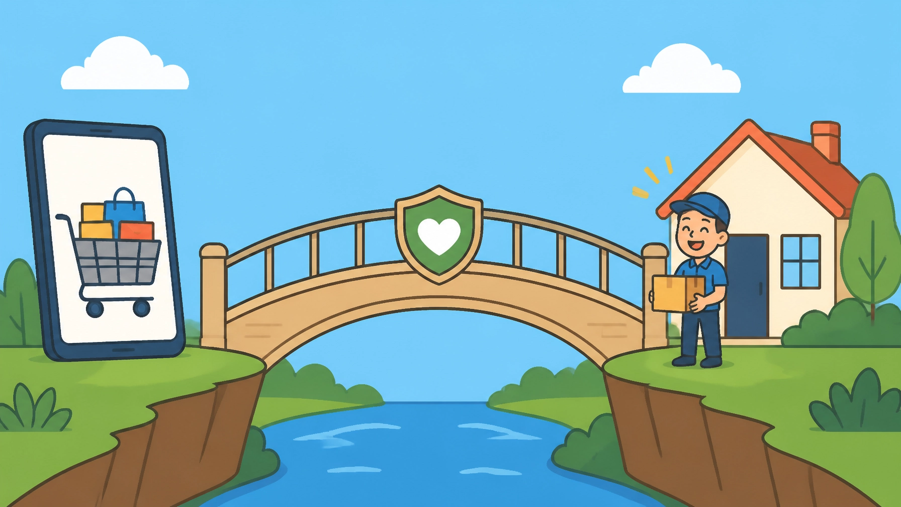 A stylized 'Trust Bridge' connecting a digital cart to a happy home, cartoon landscape style.