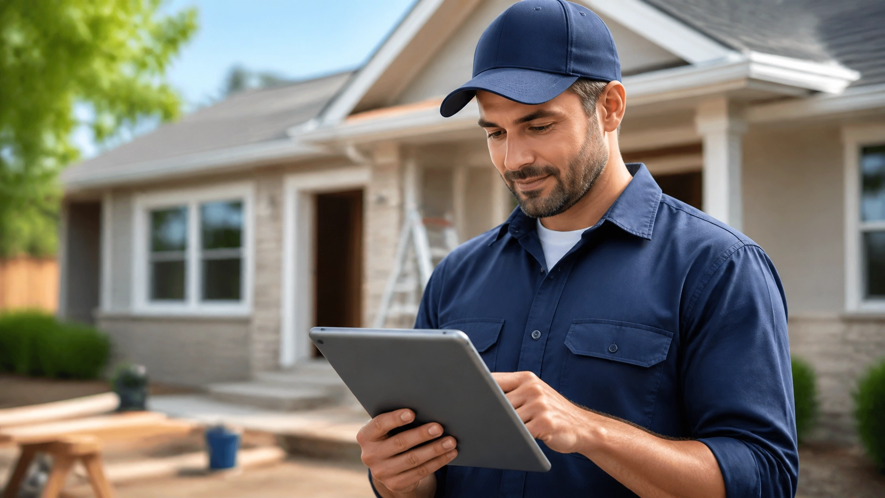 Service professional looking at a tablet on a job site using real-world data