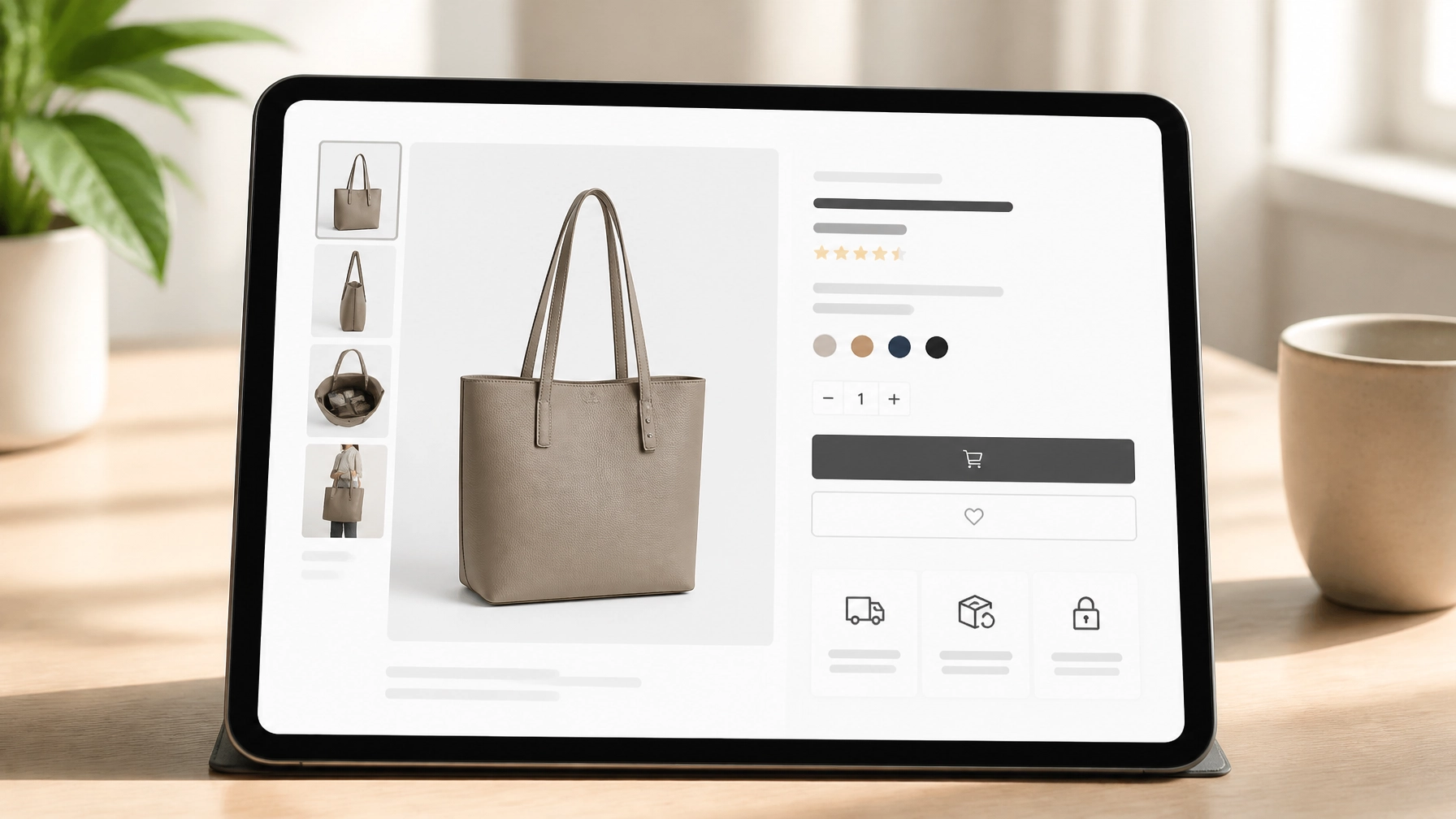 Tablet displaying e-commerce product page with handbag and checkout options, illustrating low friction online shopping experience.