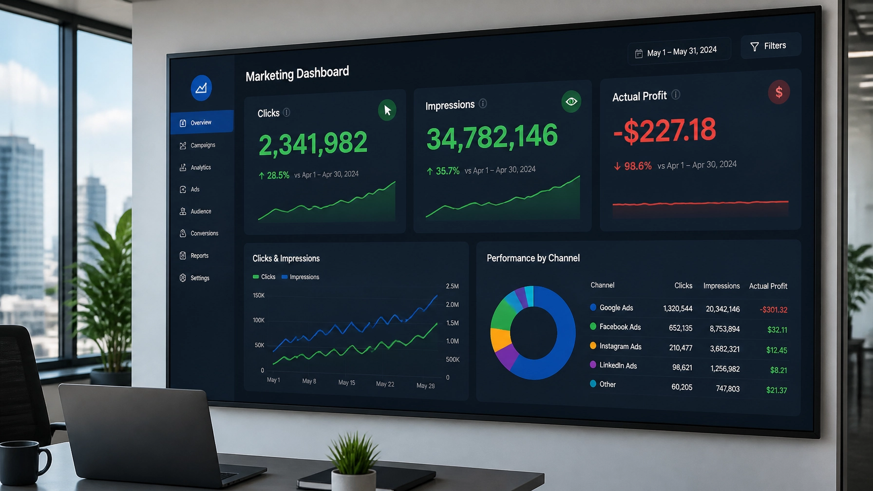 A high-tech digital marketing dashboard showing massive green numbers for Clicks but a very small red number for Profit.