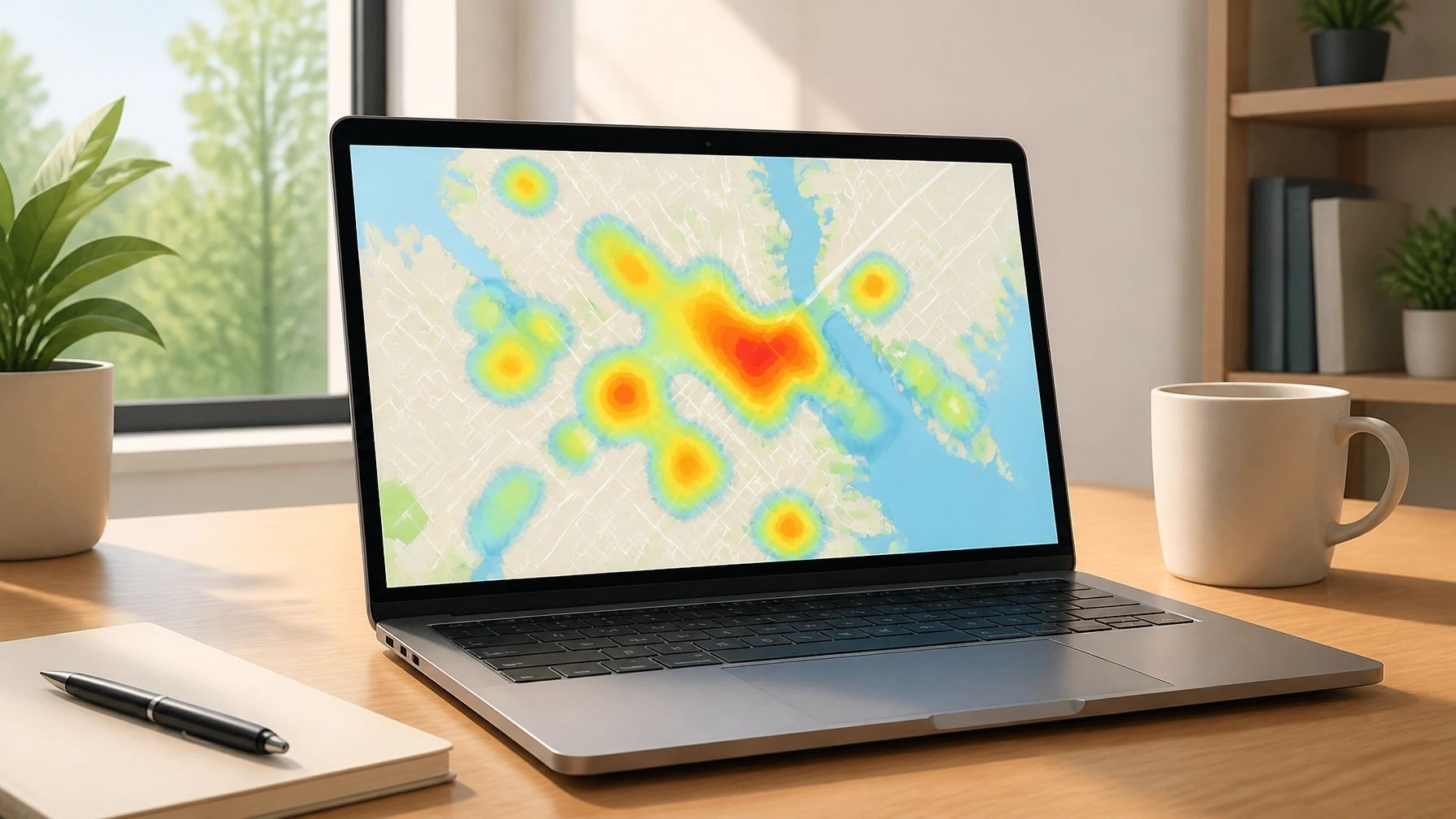Modern workspace with a heat map on a laptop screen representing signal analysis