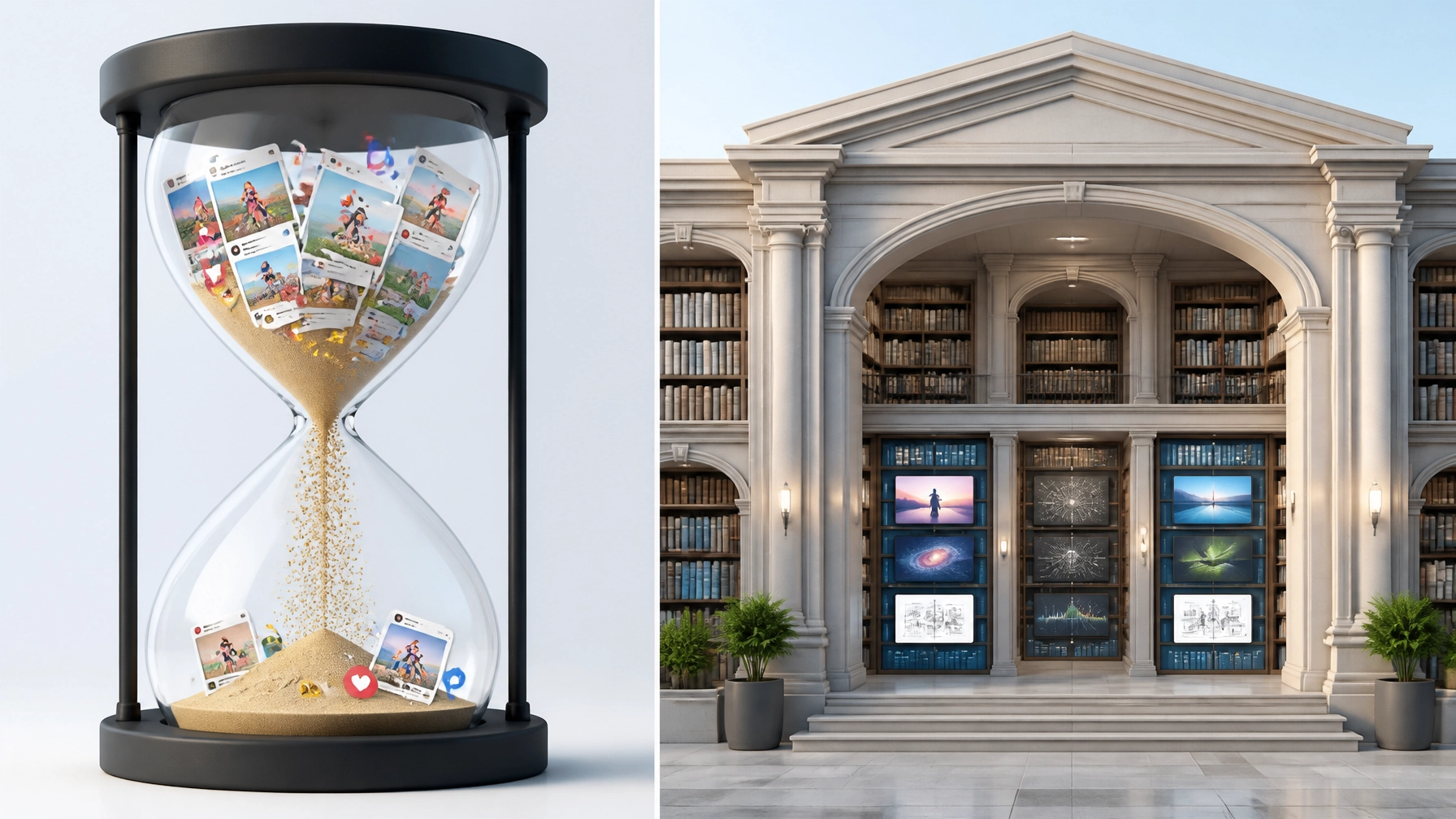 Hourglass emptying into a library representing durable content and lasting authority.