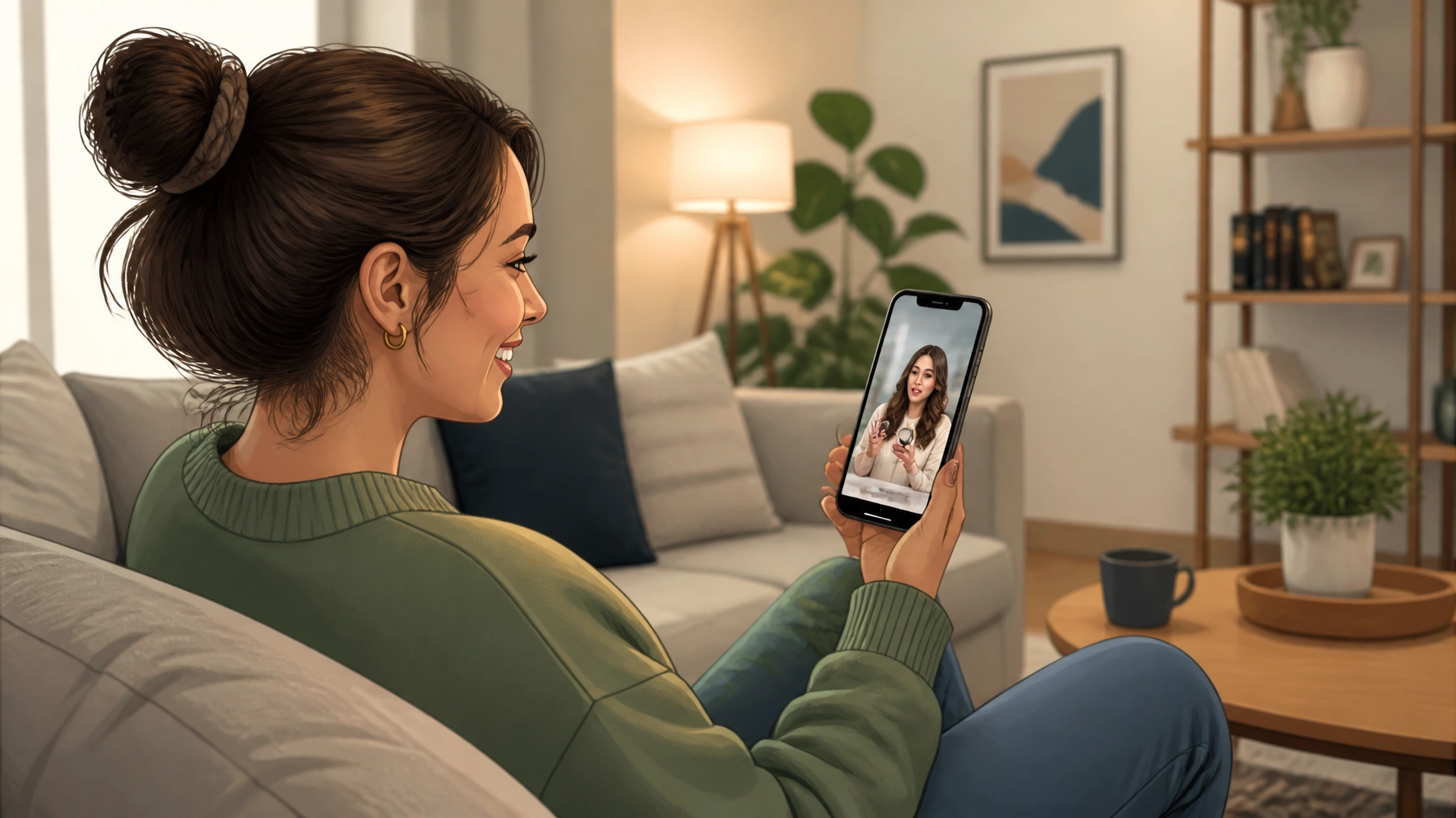 A consumer at home, smiling while looking at a creator's recommendation on their smartphone.