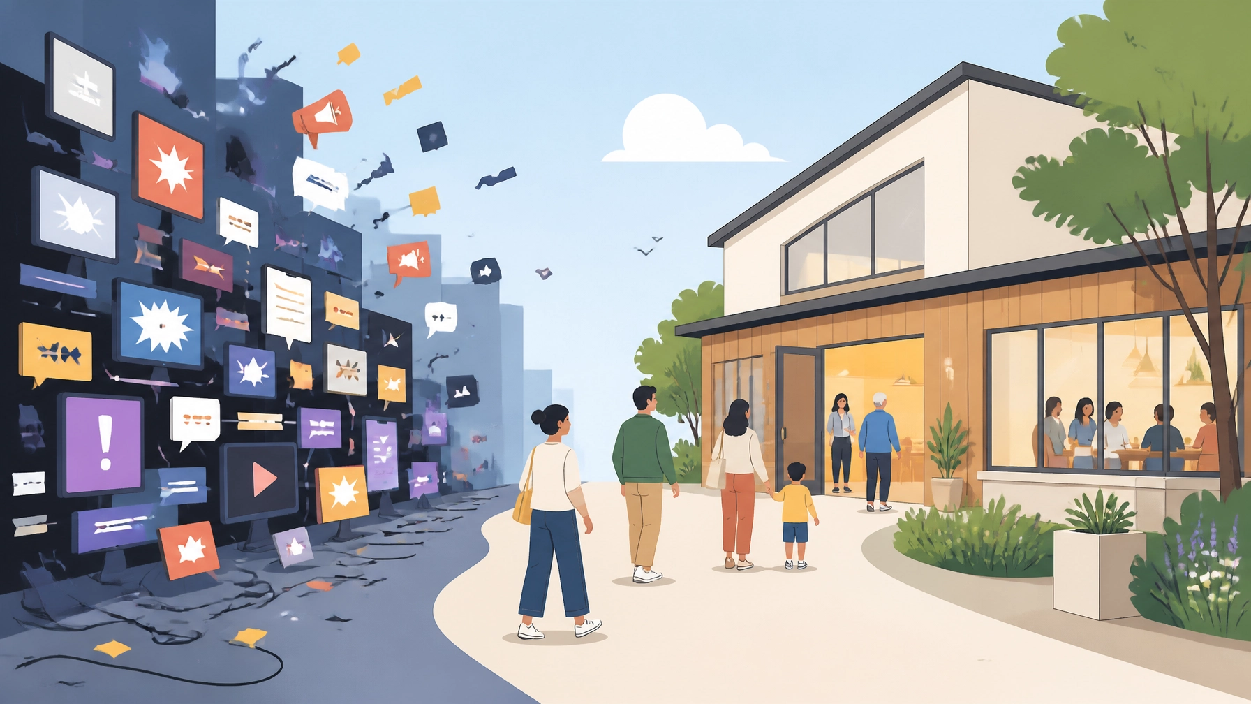 A 2D flat modern clean cartoon illustration showing a contrast between a cluttered digital street and a warm, inviting community building, with people moving toward the calmer space.