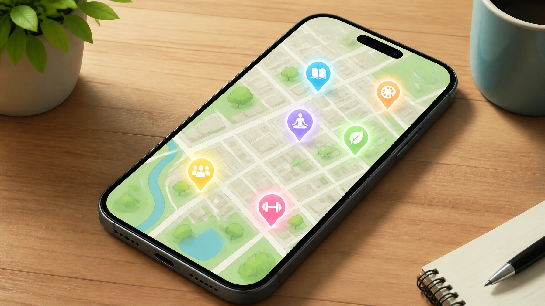 A smartphone displaying a map of a local neighborhood with glowing icons representing niche community hubs.