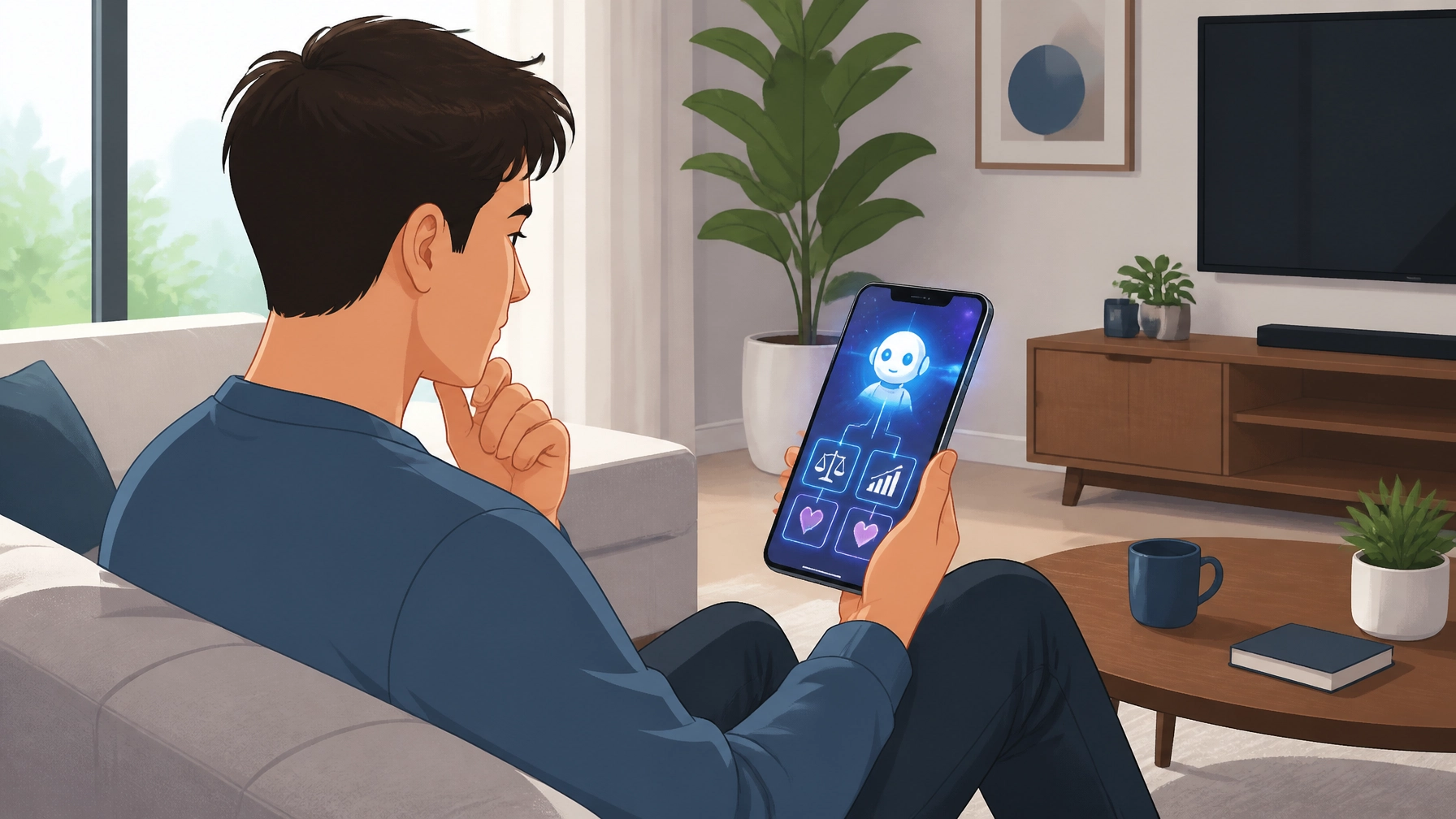 A user interacting with an AI shopping agent on their smartphone in a modern, comfortable setting.