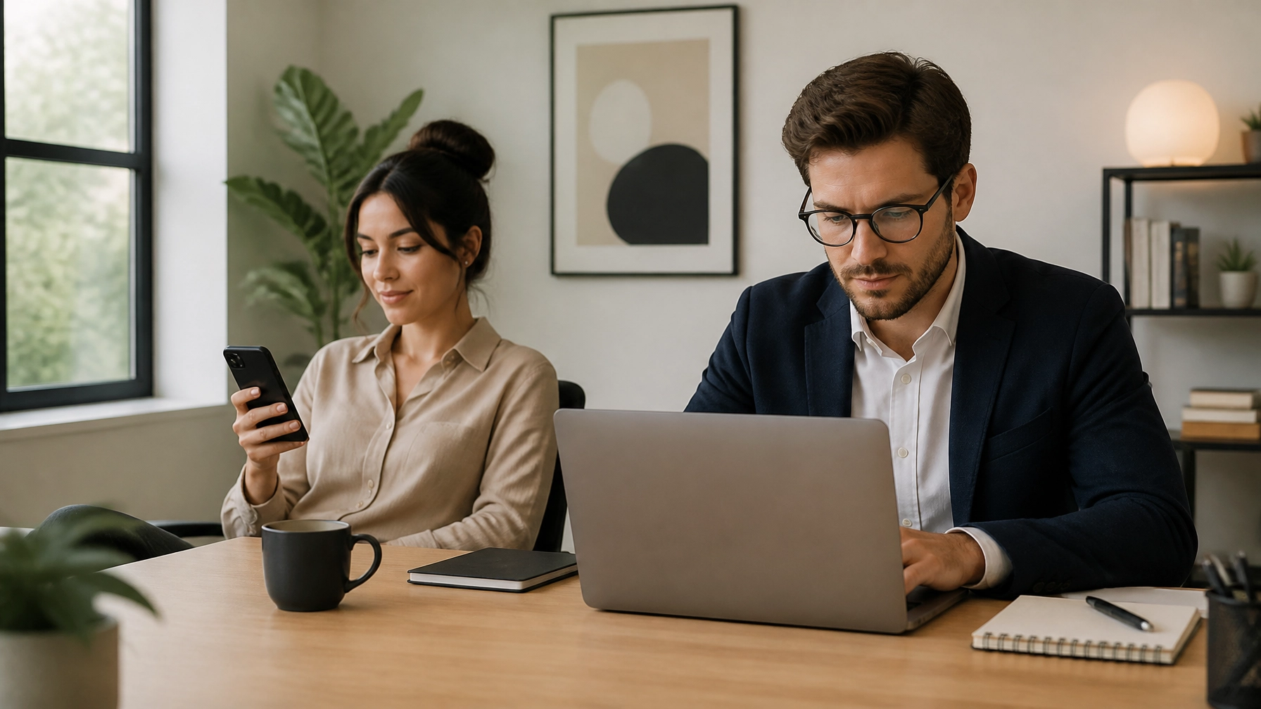 Man working at laptop and woman looking at smartphone, illustrating strategic content assets and diverse user intent.