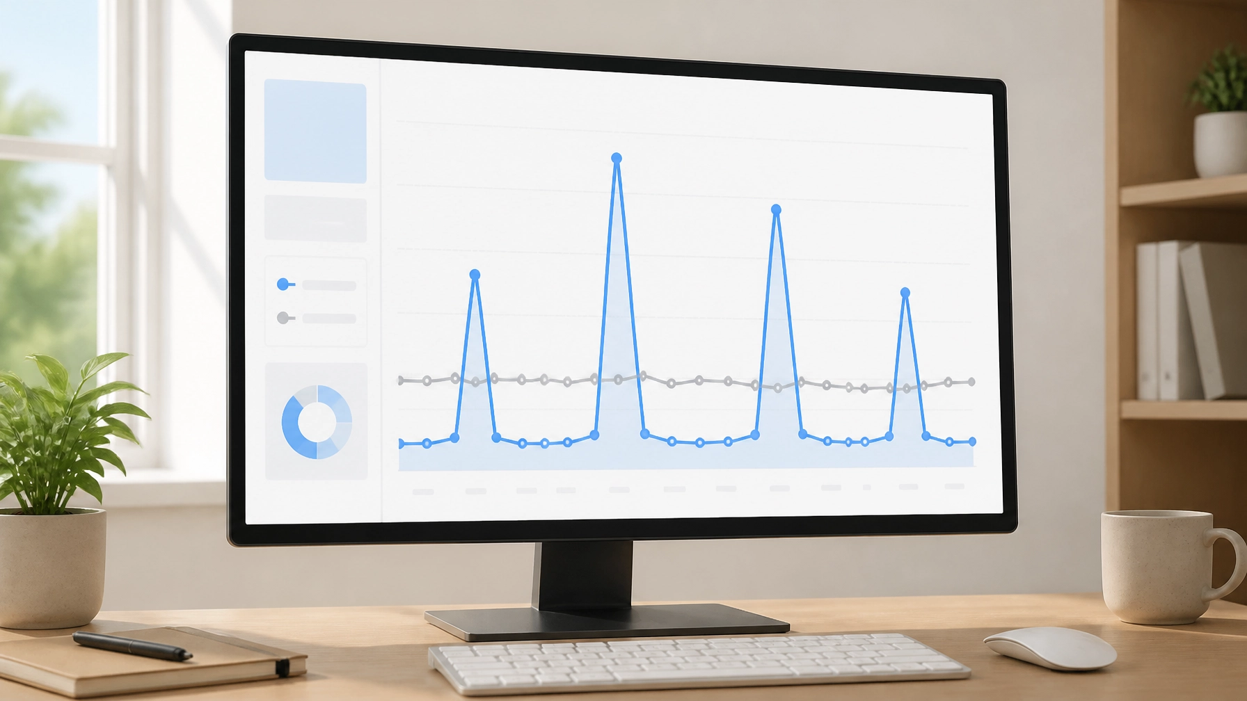 A clean, minimalist marketing dashboard showing a line graph with a few sharp, high-impact peaks representing successful triggered campaigns. The interface is simple and unbranded, emphasizing quality results over high-volume noise.