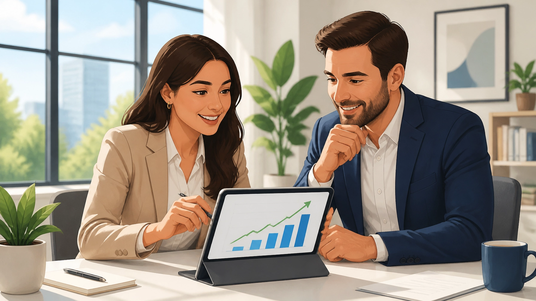 Two professionals in a bright office looking at a growth chart on a tablet together.