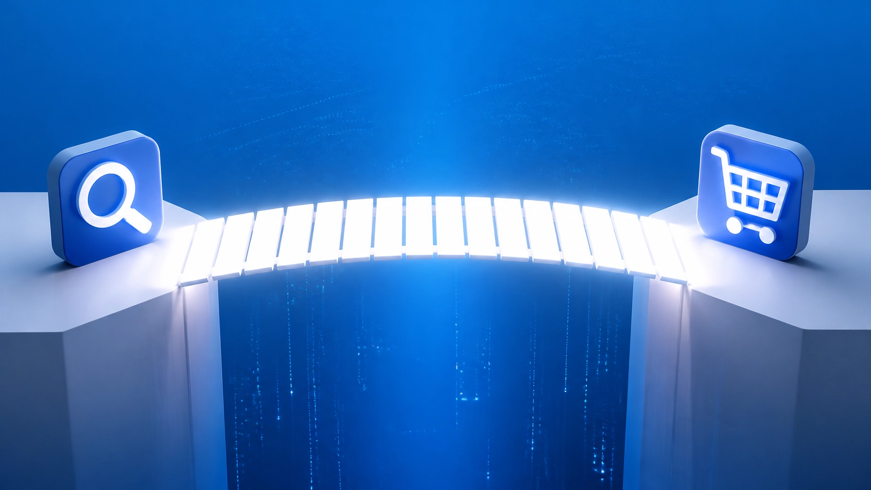 A conceptual visualization of a digital bridge made of light connecting a search icon to a checkout icon over a calm blue void.