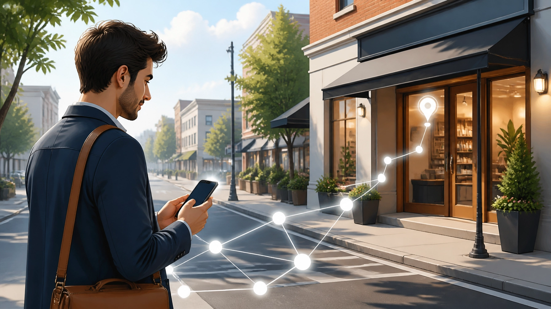 A person outside a local storefront using a smartphone while subtle constellations of connected nodes guide attention toward the business.
