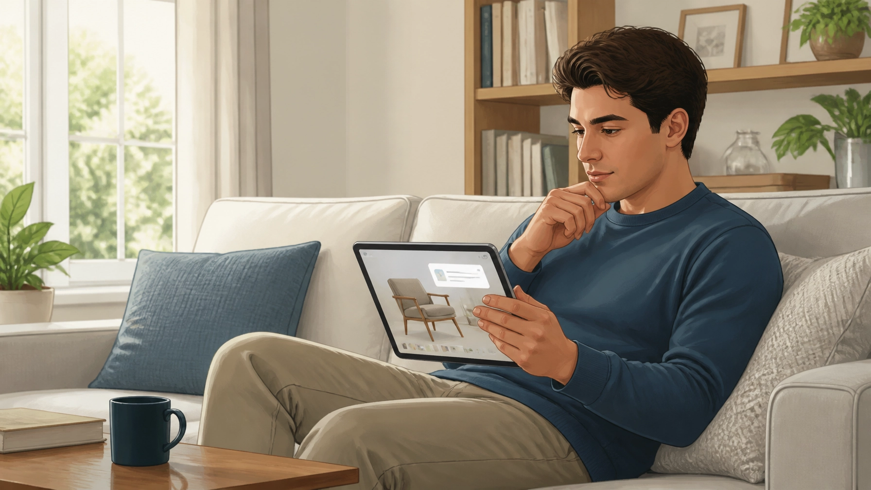 A person sitting on a comfortable couch, looking at a digital tablet. A subtle notification