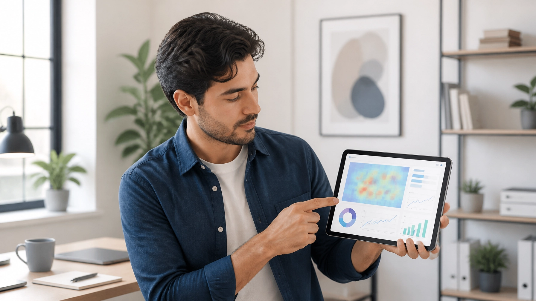 A digital marketing professional analyzing engagement heatmaps on a tablet