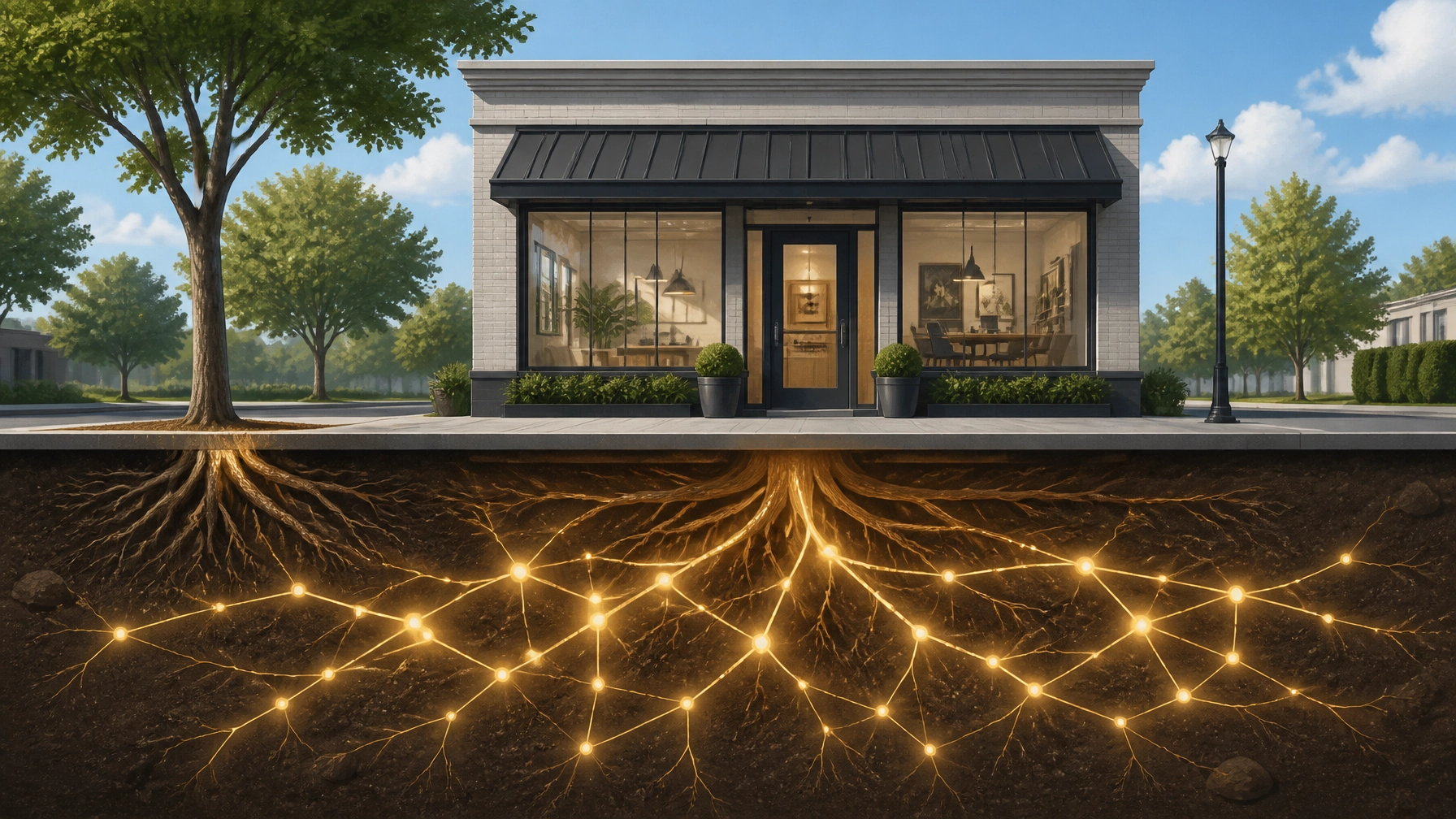 A small professional service storefront with underground roots blending into subtle network pathways, symbolizing adaptive intelligence and hidden coordination.