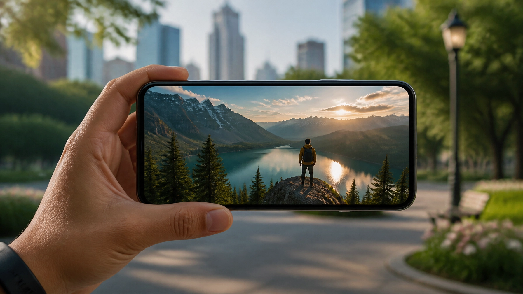 A cinematic video frame displayed on a smartphone screen in a natural setting
