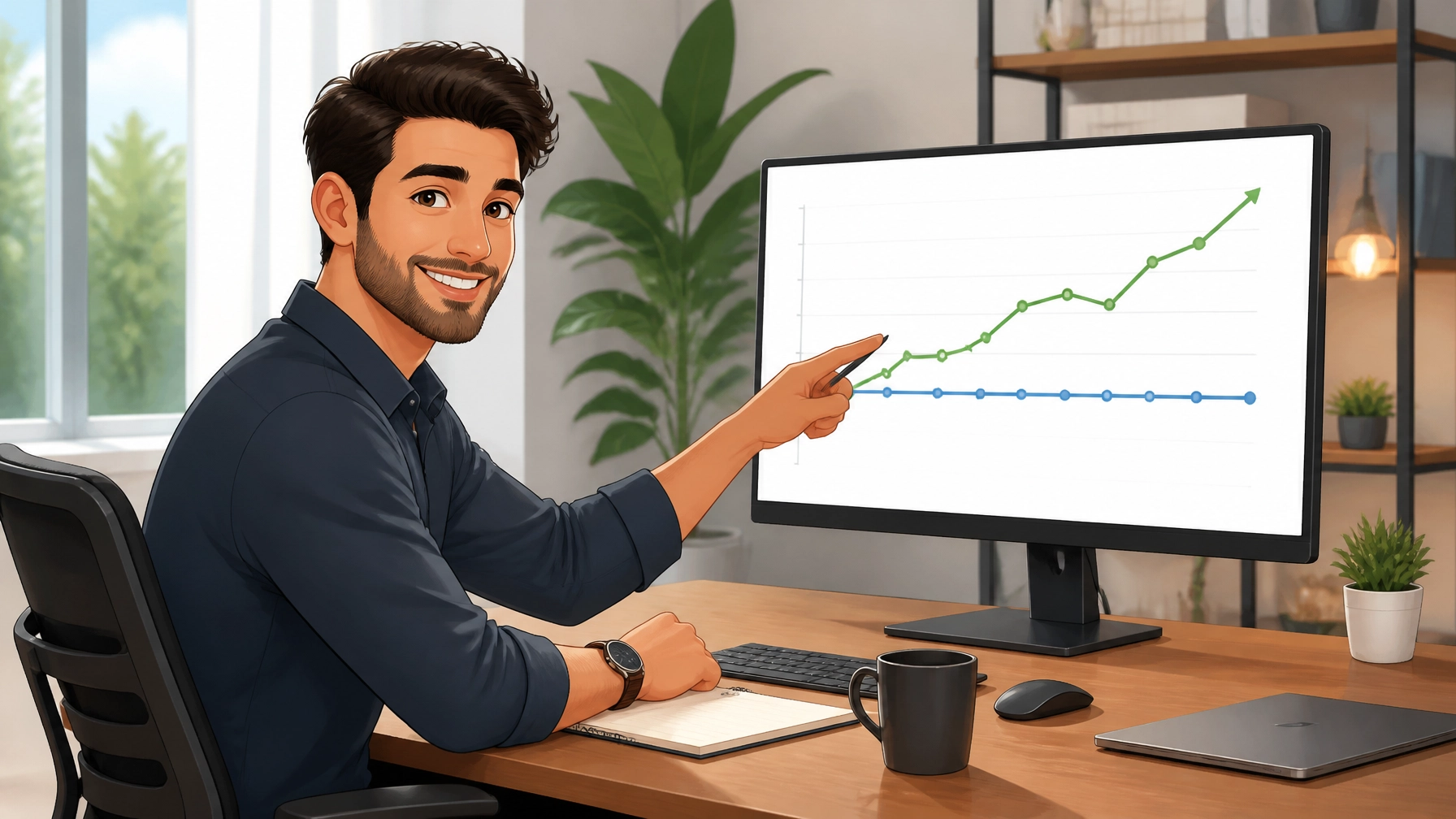 Man pointing at computer screen displaying upward trending graph illustrating digital advertising performance and revenue growth.