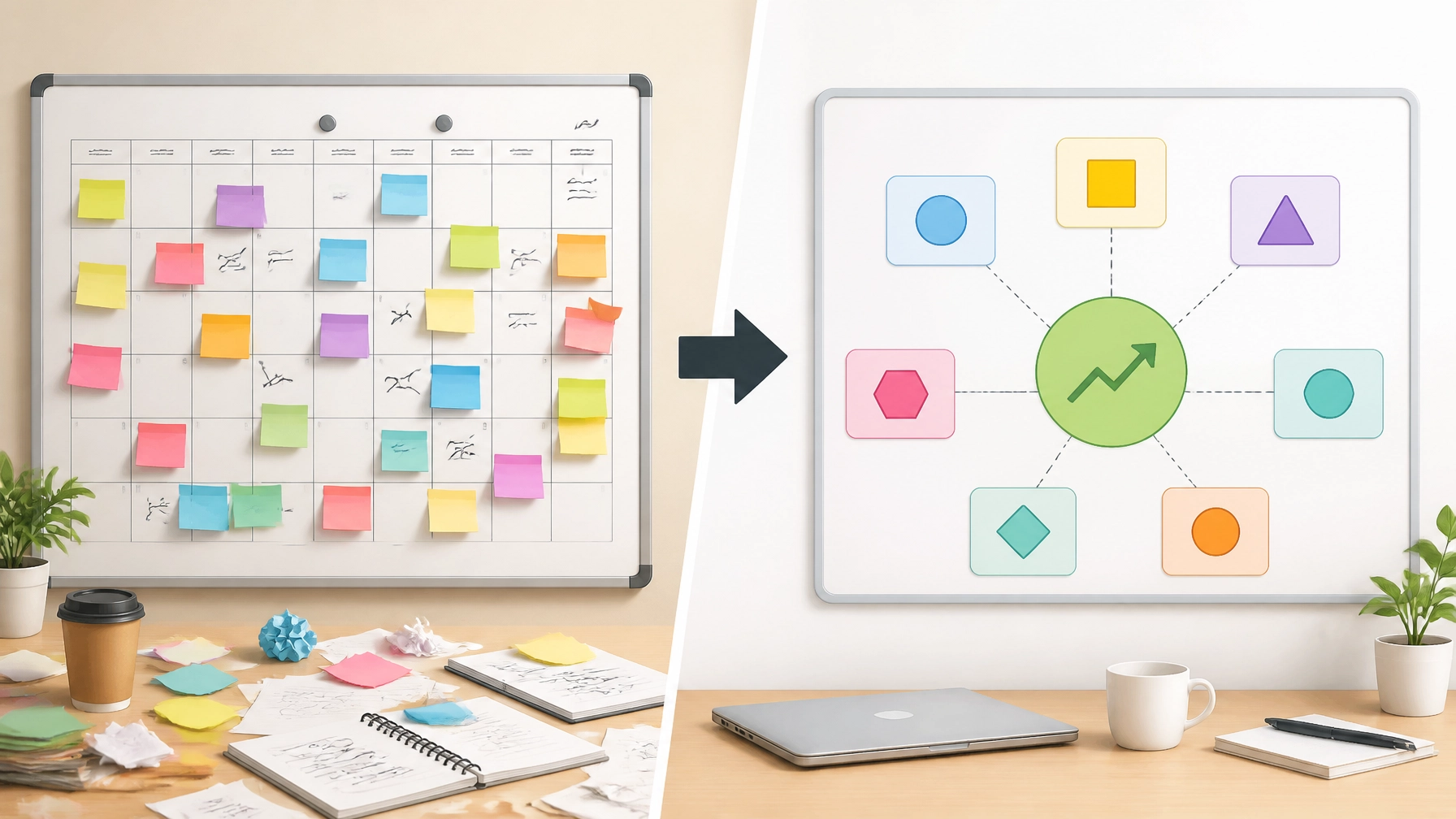 Calendar filled with sticky notes transitioning to strategic asset diagram with upward trend.