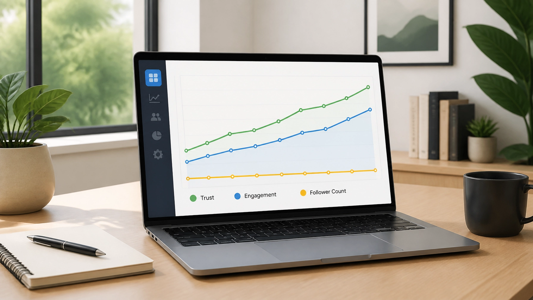 A modern workspace showing a digital dashboard where engagement and trust metrics are rising while follower counts remain flat.