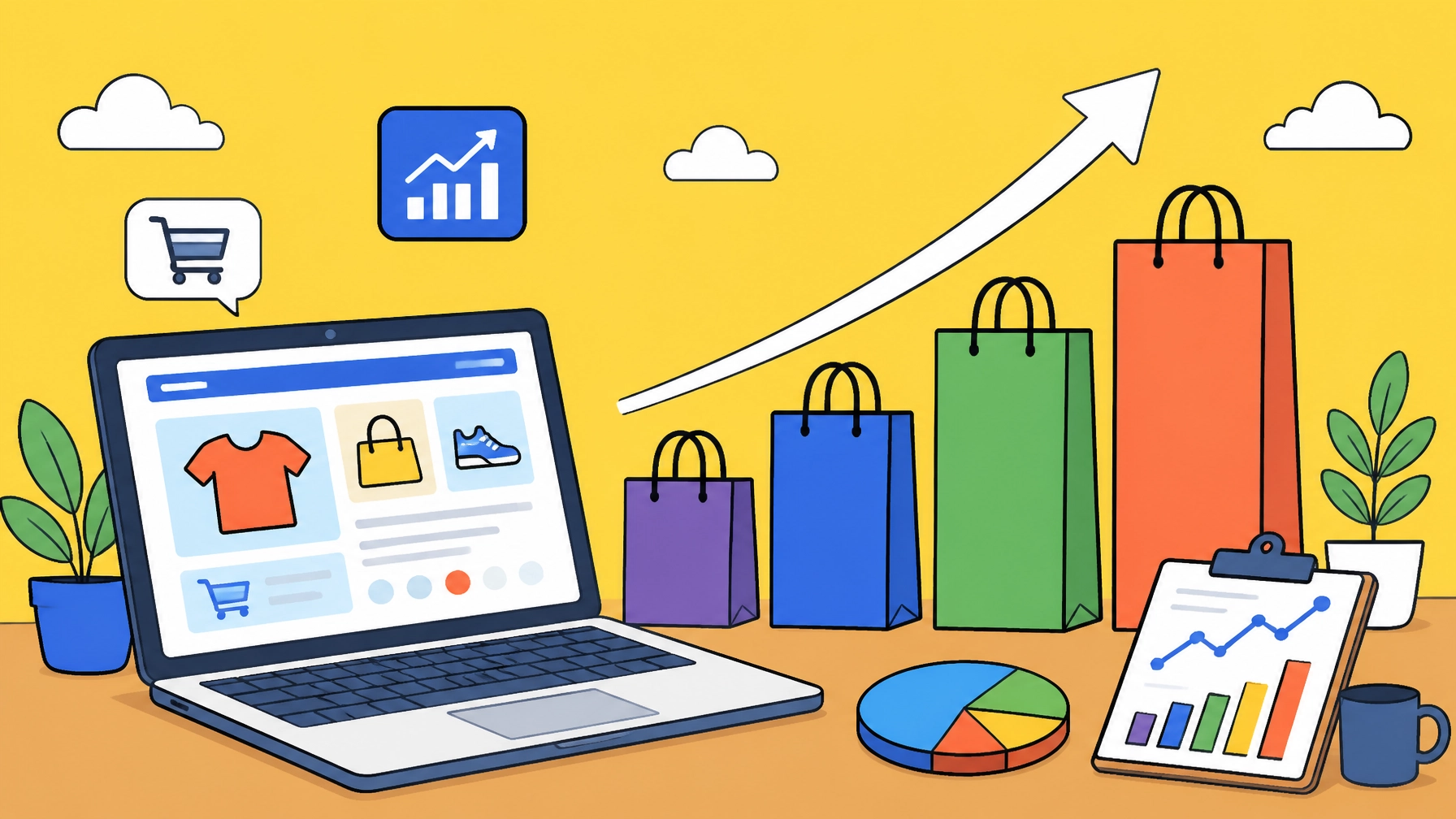 A series of bar charts shaped like shopping bags showing growth, cartoon landscape style.