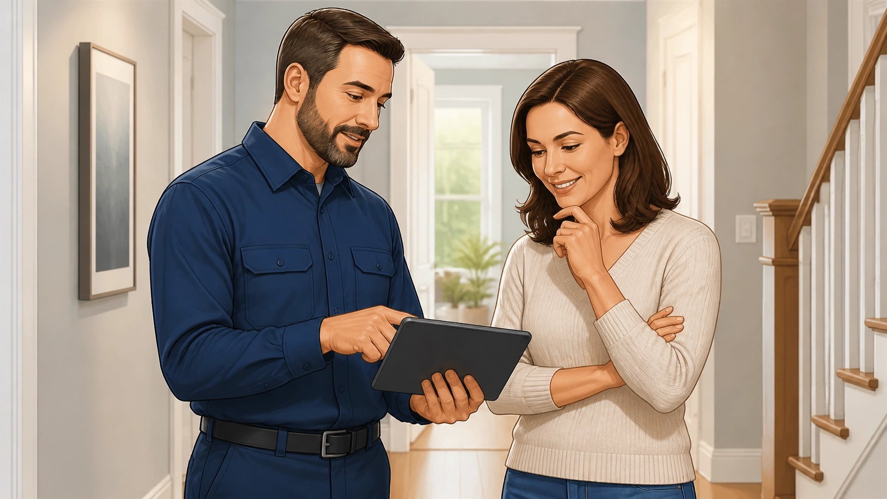 A contractor showing an informative tablet to a homeowner