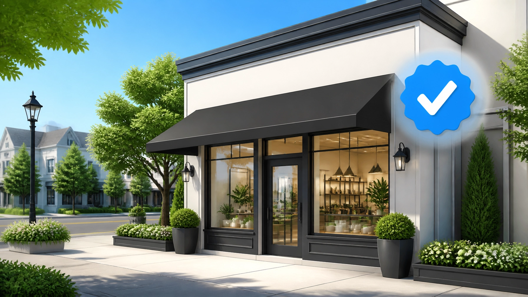 Local retail business storefront with verified badge illustrating discoverability and online visibility.