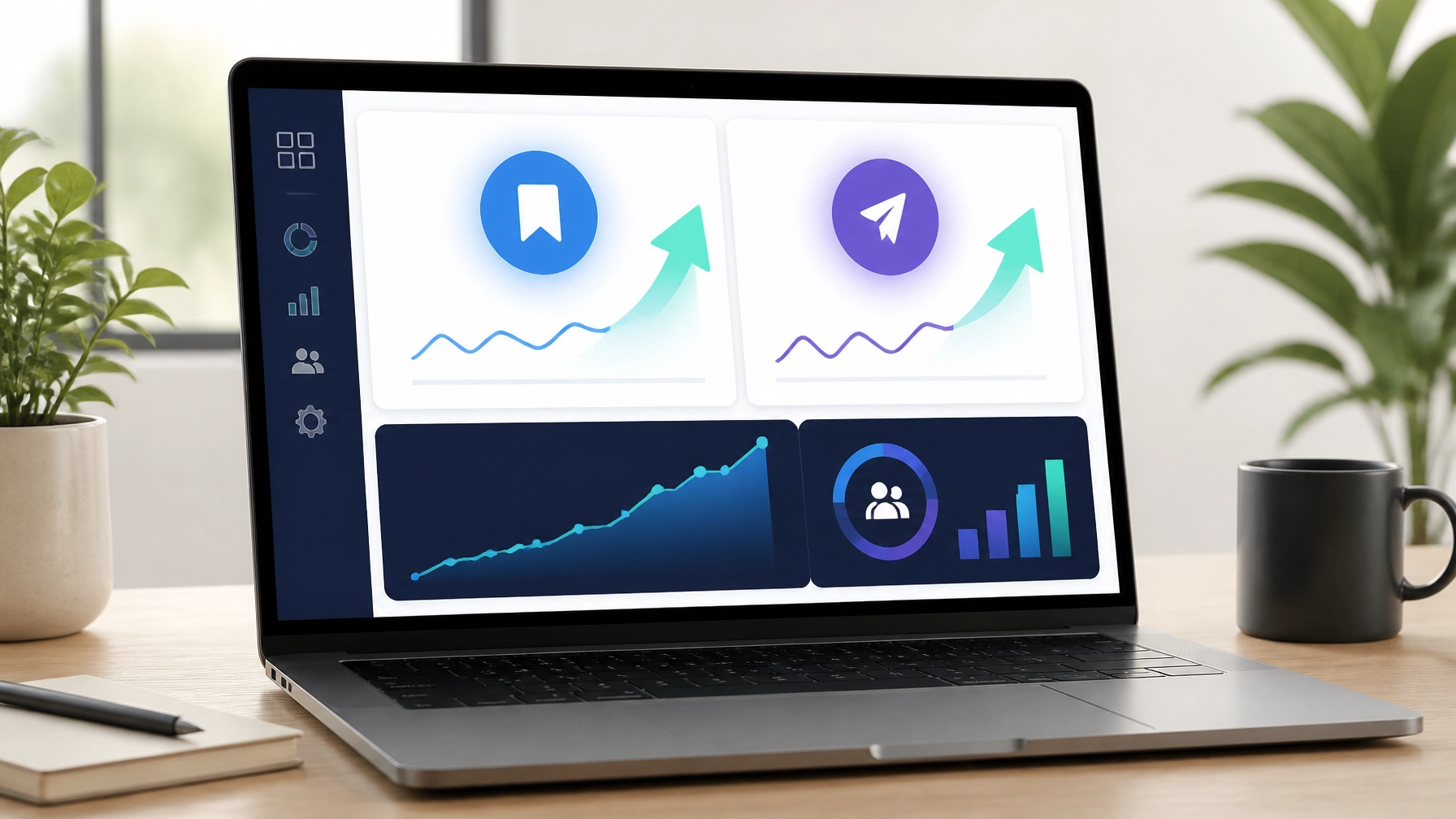 A clean, modern laptop screen showing a simplified analytics dashboard with icons representing 'saves' and 'private shares' glowing brightly, indicating high-value engagement.
