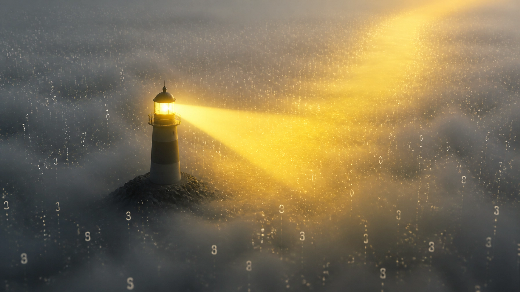 A bright yellow signal light cutting through a thick grey fog of tiny floating data points and numbers.