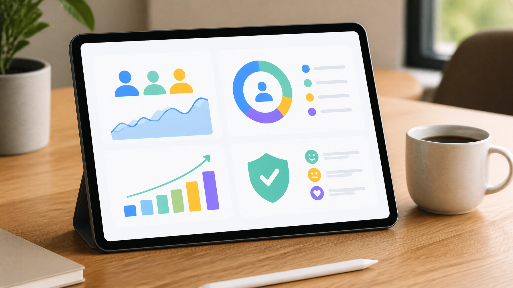 A minimalist dashboard displayed on a sleek tablet screen showing engagement icons.