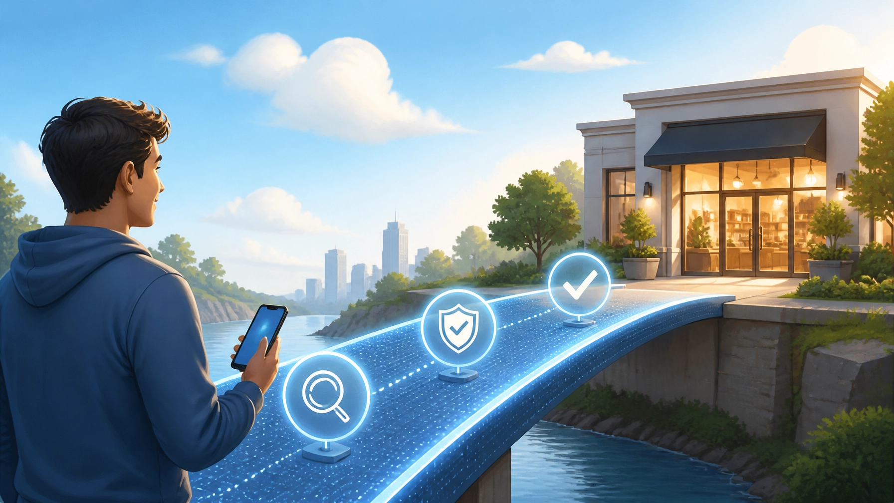 A digital bridge connecting a user to a business, symbolizing trust and clarity
