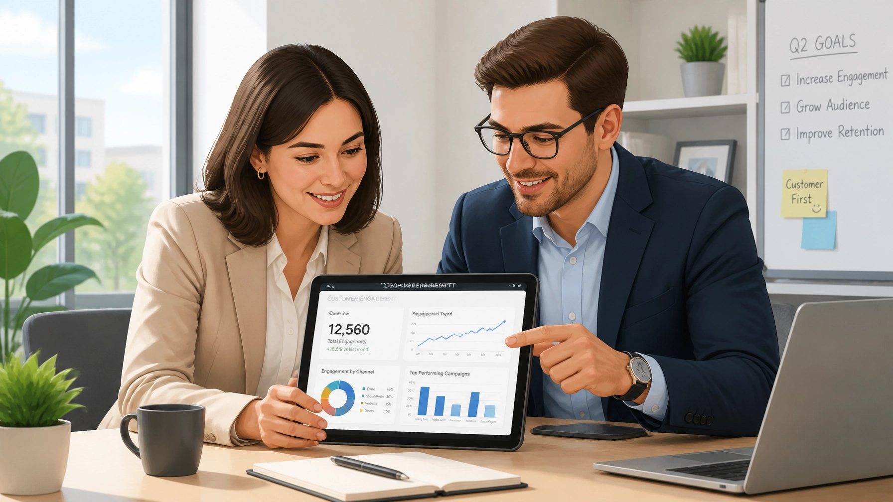 Business professionals analyzing email marketing dashboard illustrating improved engagement and audience growth.