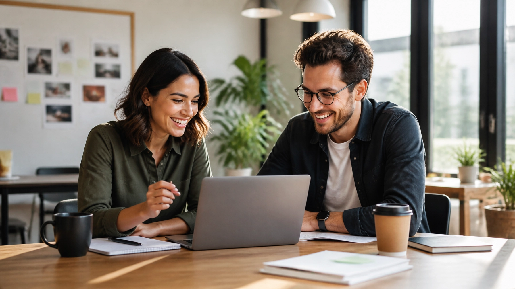 A brand manager and a digital creator collaborating naturally in a bright, modern co-working space, looking at a project together.