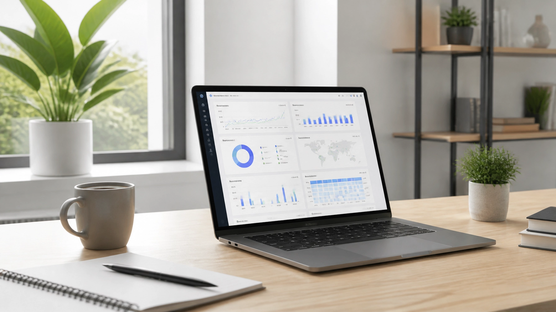 A laptop showing a realistic unbranded analytics dashboard in a bright modern workspace, styled in cartoon-like modern clean realism with bright natural lighting.