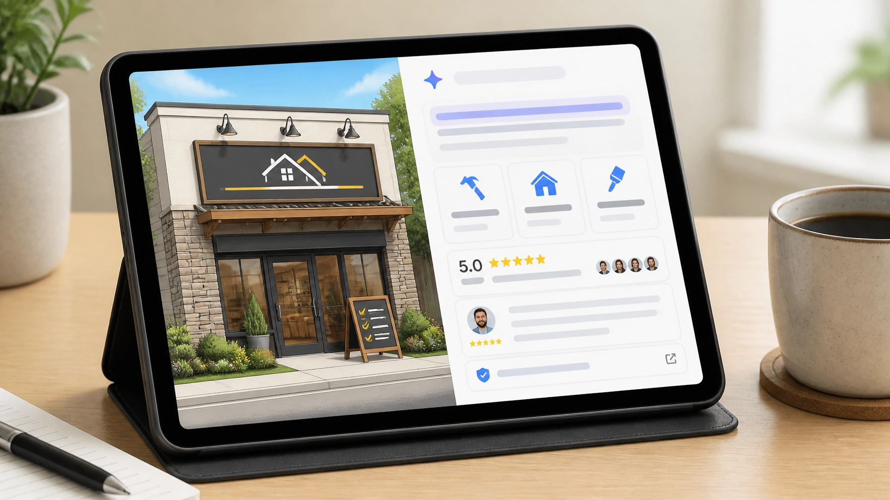 A local contractor storefront appearing as a cited source in an AI search summary on a tablet