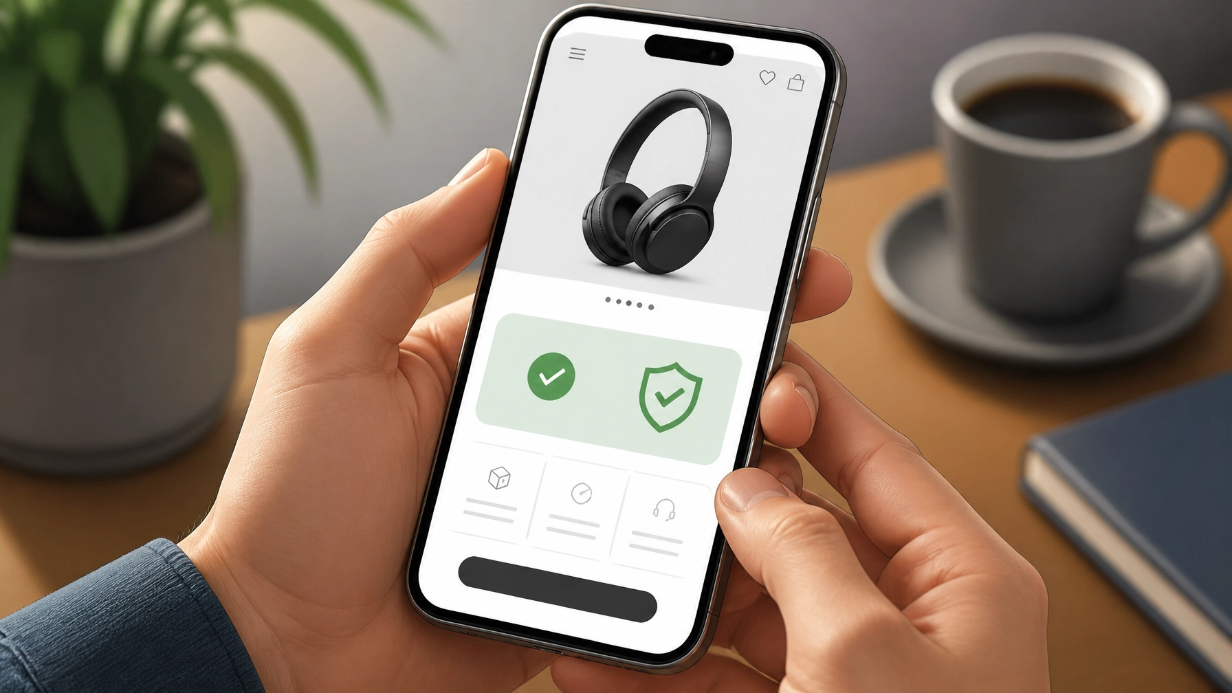 A person holding a smartphone showing a trust and safety page
