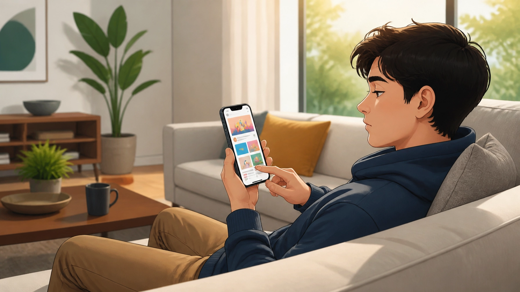 A person scrolling on a smartphone with a neutral expression, illustrating the concept of ad blindness and creative fatigue in a modern realism style.