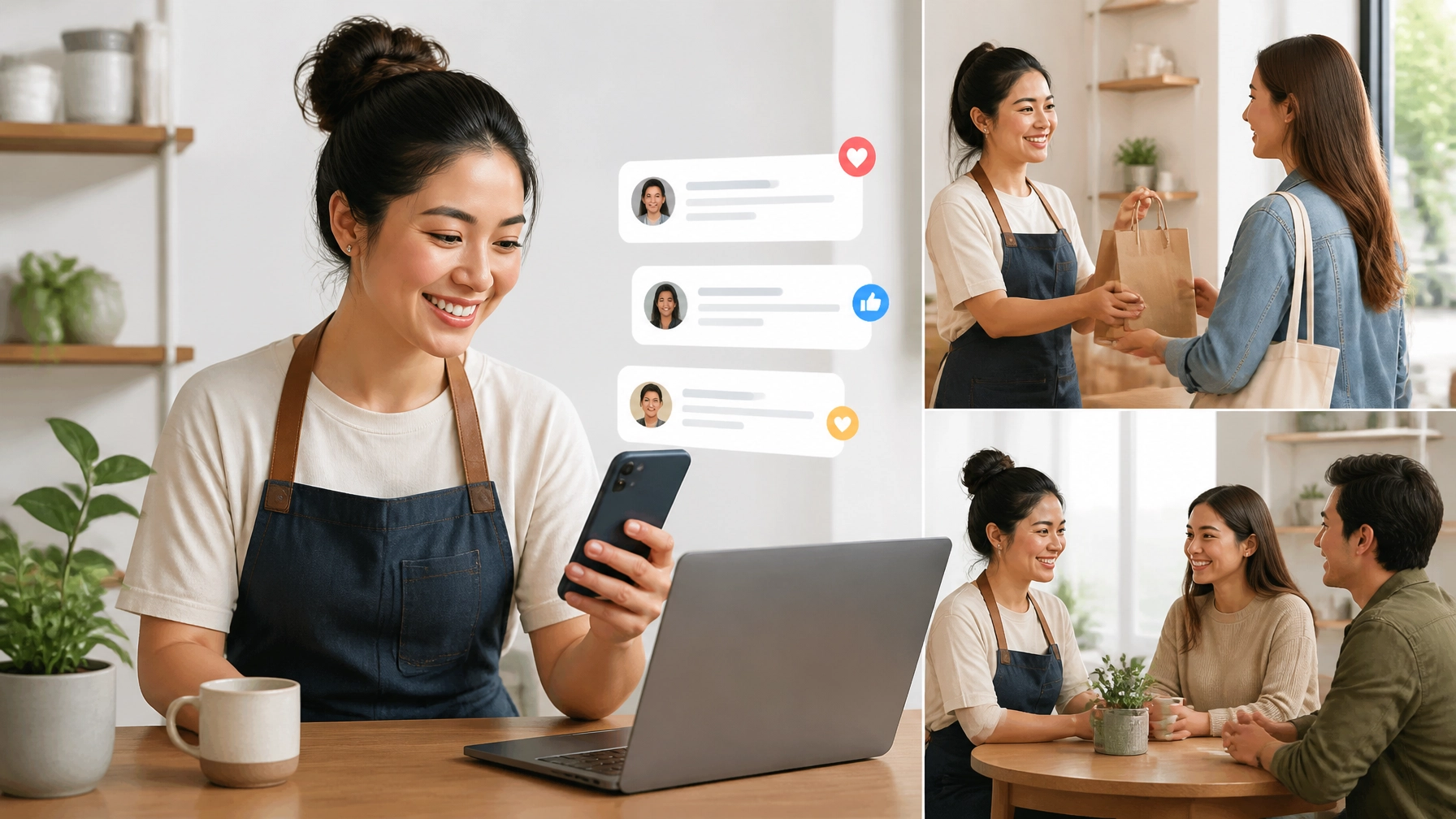 A small business owner building trust with a digital community through genuine online and in-person interaction.