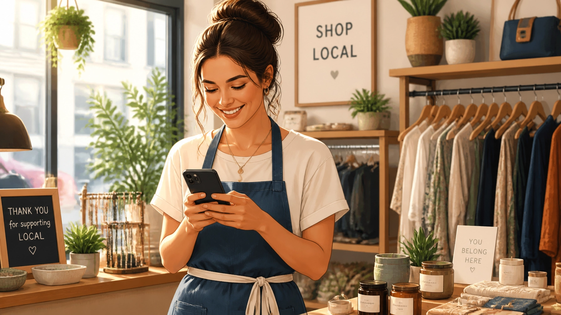 Woman in apron checking phone in local shop illustrating email marketing relevance and customer engagement.