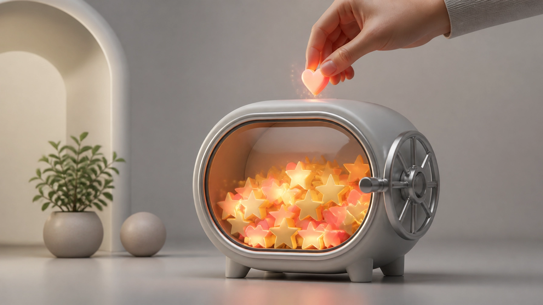 A conceptual visual of a digital piggy bank being filled with glowing heart and star icons, representing the accumulation of trust capital.