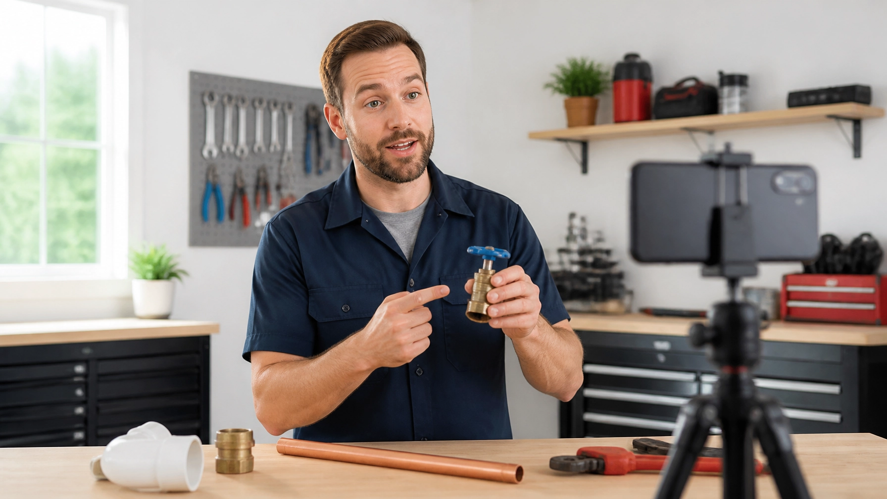 A local service professional filming a practical video tip in a clean workshop, styled in cartoon-like modern clean realism with bright natural lighting.