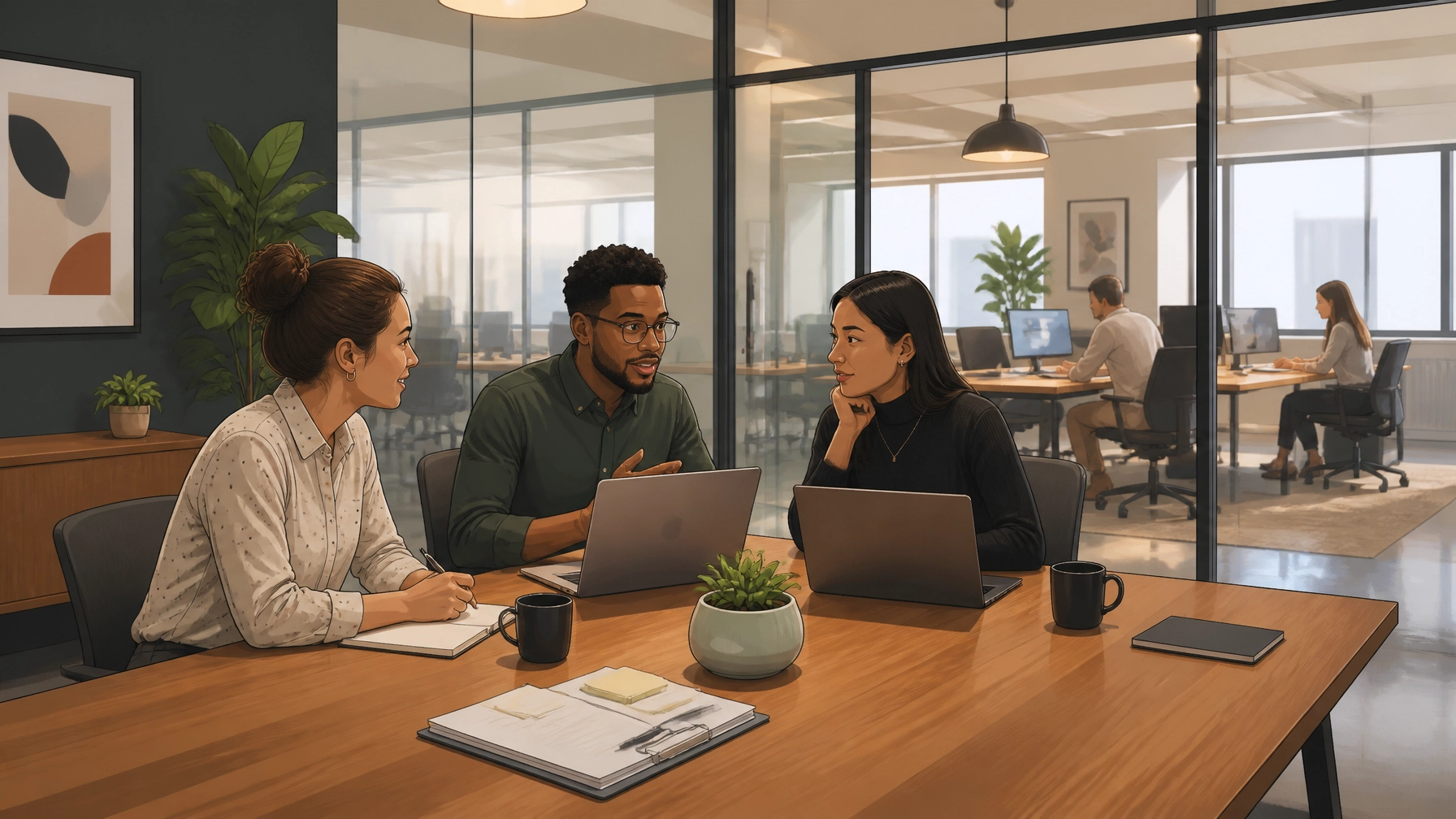 A diverse marketing team collaborating in a transparent office setting, demonstrating real-world authenticity