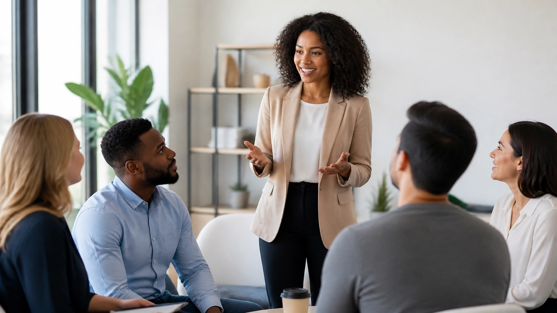 A relatable brand personality connecting naturally with an engaged audience in a bright business setting.