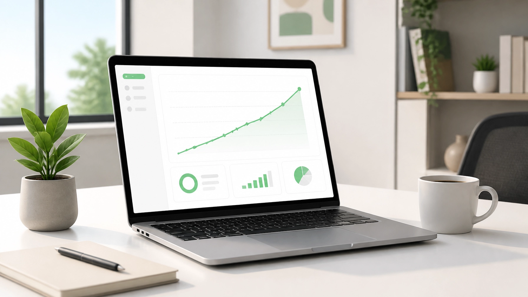 A laptop on a white desk showing a clean, simplified analytics dashboard with a single rising green line representing growth.